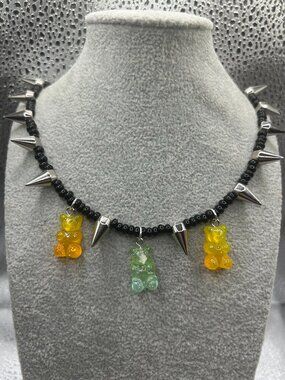 Handmade Orange and Green Glitter Gummy Bear and Spike Necklace